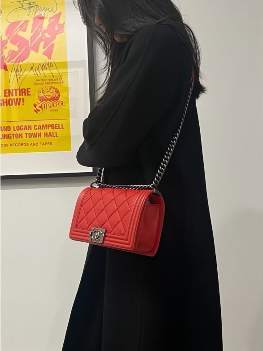 Chanel Medium Boy Bag Red Lambskin Very Good Condition with Dust Bag